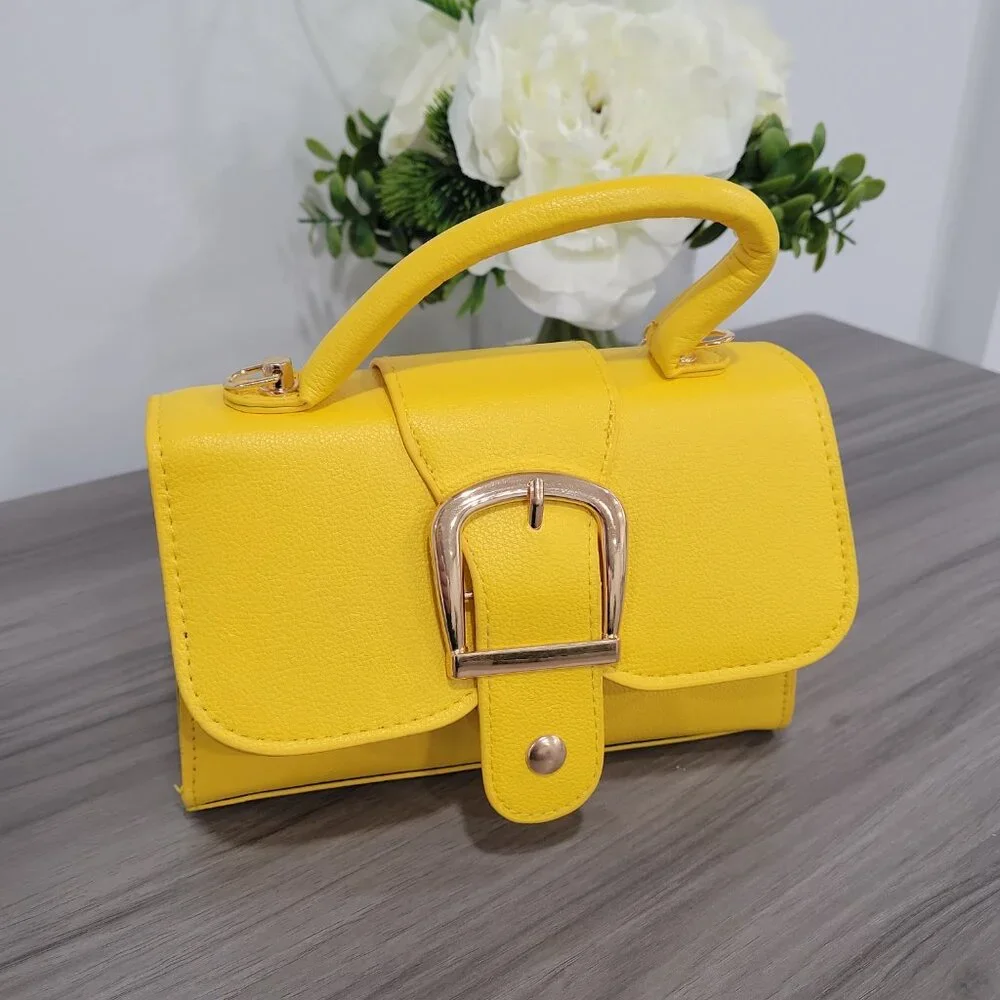 Trendy Yellow Handbag Retro Style Buckle Purse w/ Detachable Mini Coin Purse - Picture 7 of 10
